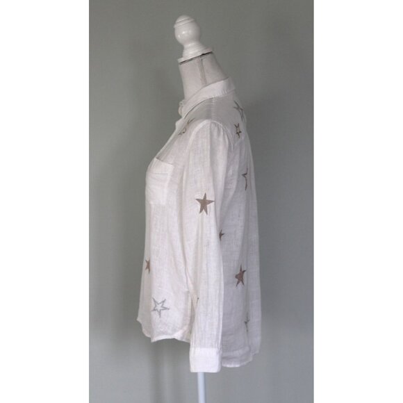 RAILS Charli White & Rose Gold Star Embroidery Linen Blend Button Shirt Top, XS - Picture 8 of 14
